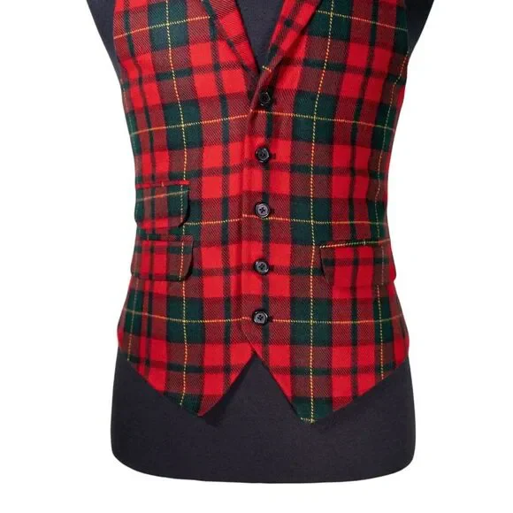 Mens Vest 40R Tartan Plaid Red Green Wool Waistcoat Formal Wedding Christmas
